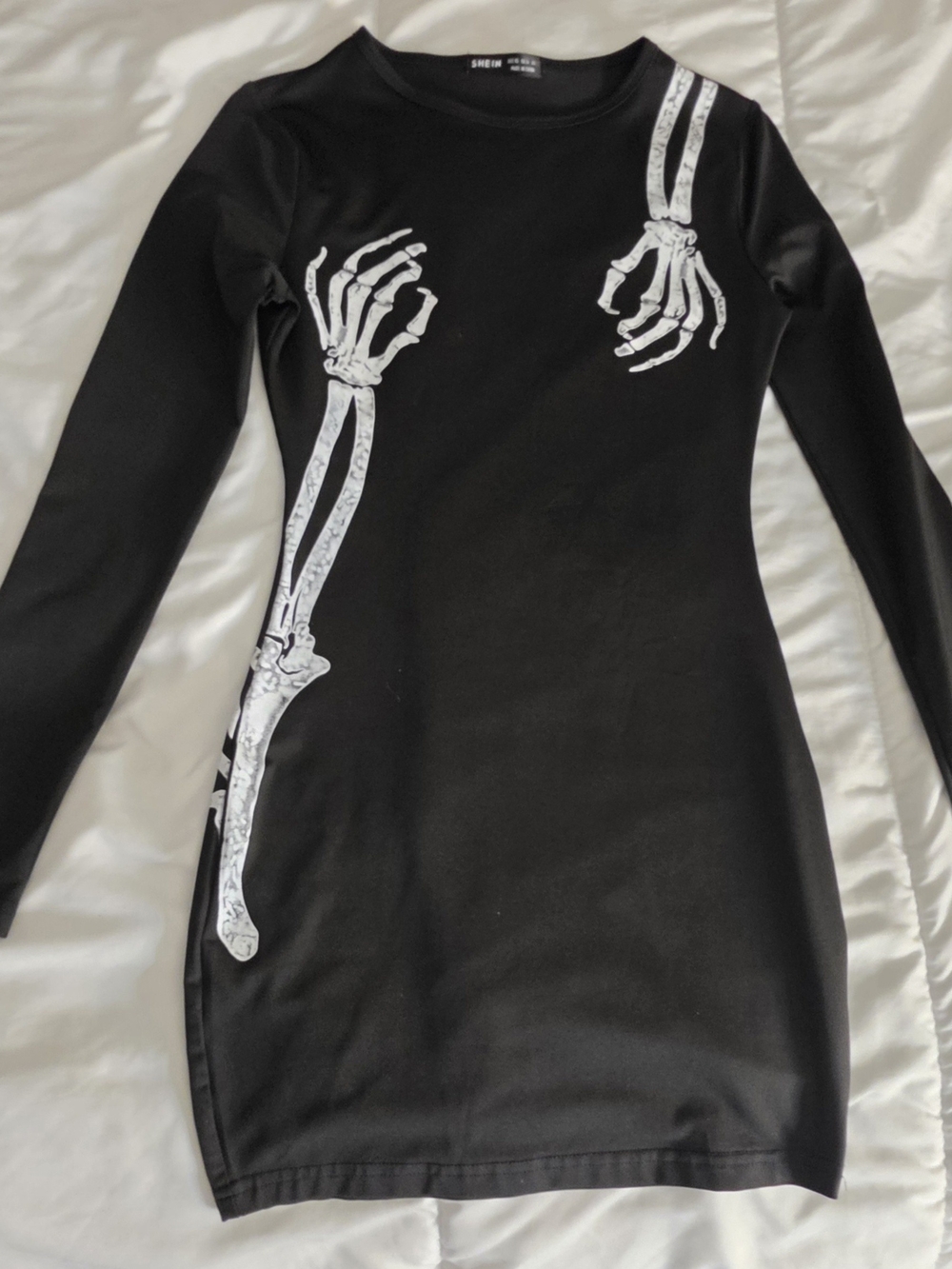 SHEIN Black Long Sleeve Bodycon Dress with White Skeleton Print